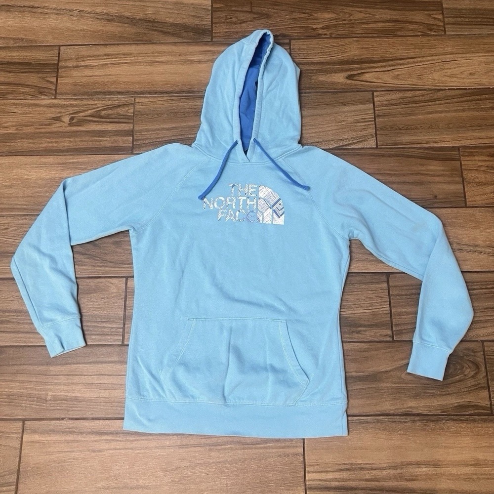 The North Face Womens Large Hoodie Blue Pullover Spellout Logo Sweatshirt
